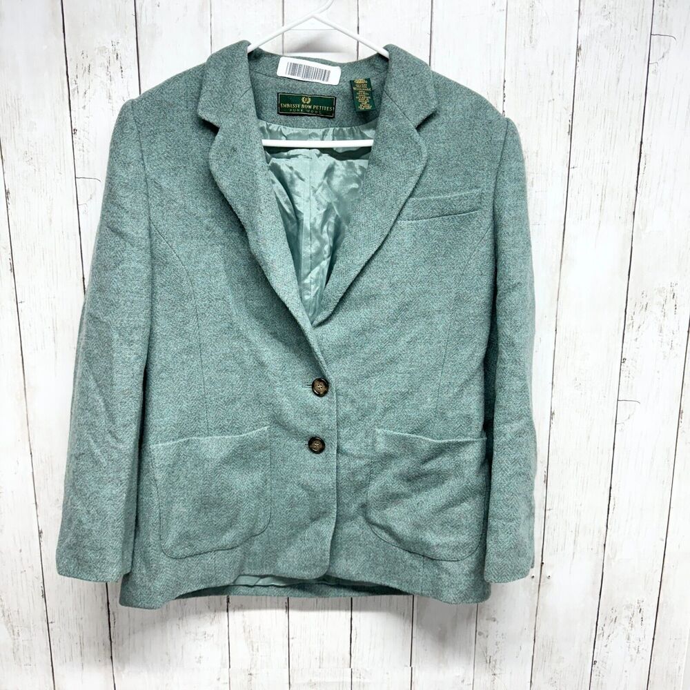 Embassy Row Petites Jacket Women Size 12P 100% Wool Button Up Teal Green Blazer
